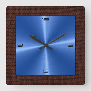 Blue Stainless Steel Modern Burlap Border Square Wall Clock