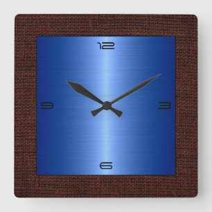 Blue Stainless Steel Modern Burlap Border Square Wall Clock