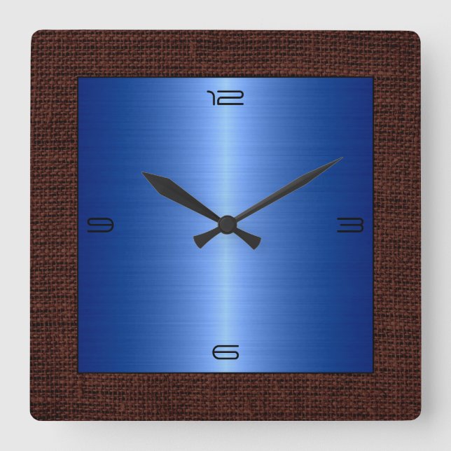 Blue Stainless Steel Modern Burlap Border Square Wall Clock (Front)