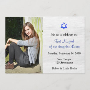 Blue Star and White Wood Bat Mitzvah Invitation