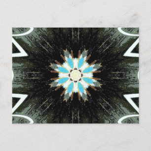 blue star-burst on black postcard