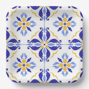 Blue Star Elegant Floral Mosaic Mediterranean Paper Plate