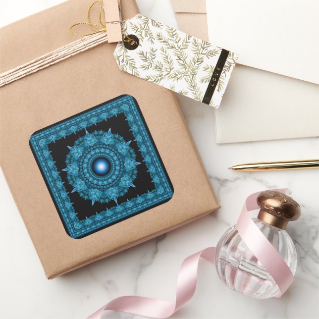 Blue star fractal framed ornament square sticker (Gifting)