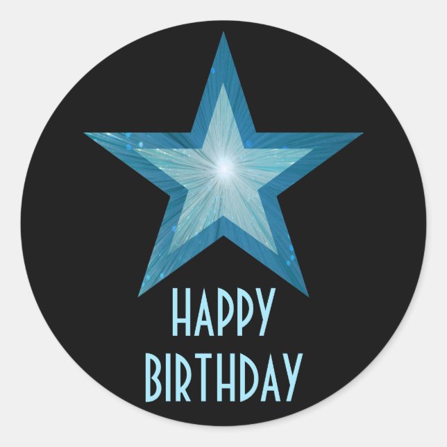 Blue Star 'Happy Birthday' round sticker black (Front)
