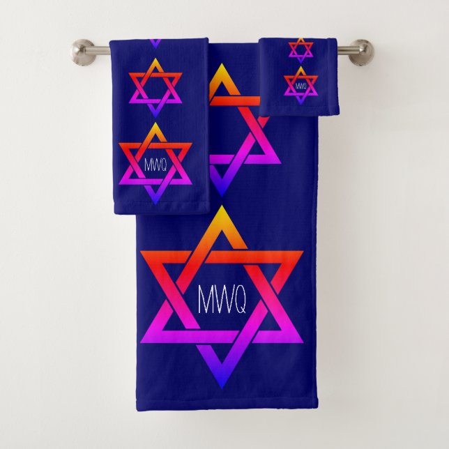 Blue Star of David Monogram Bath Towel Set (Insitu)