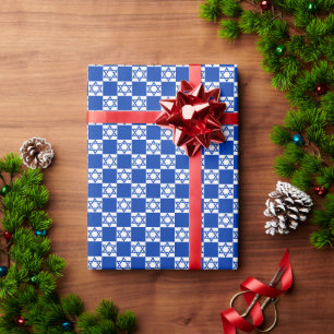 Blue Star of David on Blue/White Chequered Wrapping Paper