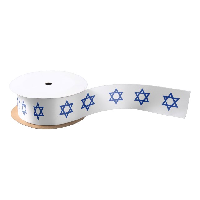 Blue Star of David on White Satin Ribbon (Spool)