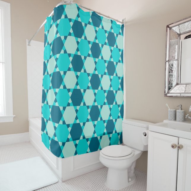 Blue Star of David Optical Illusion Pattern Shower Curtain (In Situ)