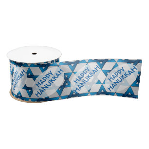 Blue Star of David Pattern / Happy Hanukkah Satin Ribbon
