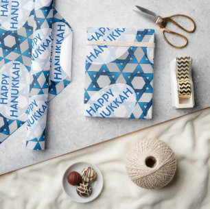 Blue Star of David Pattern / Happy Hanukkah Wrapping Paper