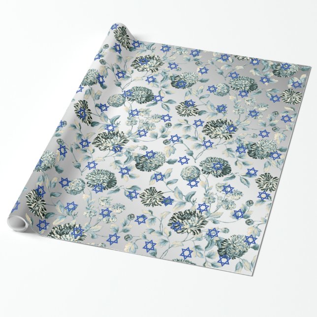 Blue Star Of David Silver Green Floral Toile Wrapping Paper (Unrolled)