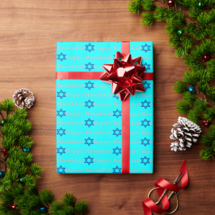 Blue Star of David, Silver Happy Hanukkah on Aqua Wrapping Paper