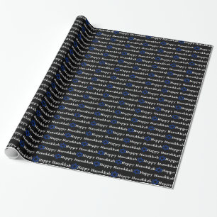 Blue Star of David, White Happy Hanukkah on Black Wrapping Paper