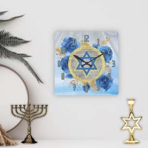 Blue Star of David with Roses Square Wall Clock