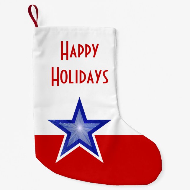Blue Star Red print Happy Holidays two sided Small Christmas Stocking (Front)