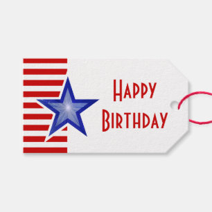 Blue Star Red Stripe print Happy Birthday Gift Tags