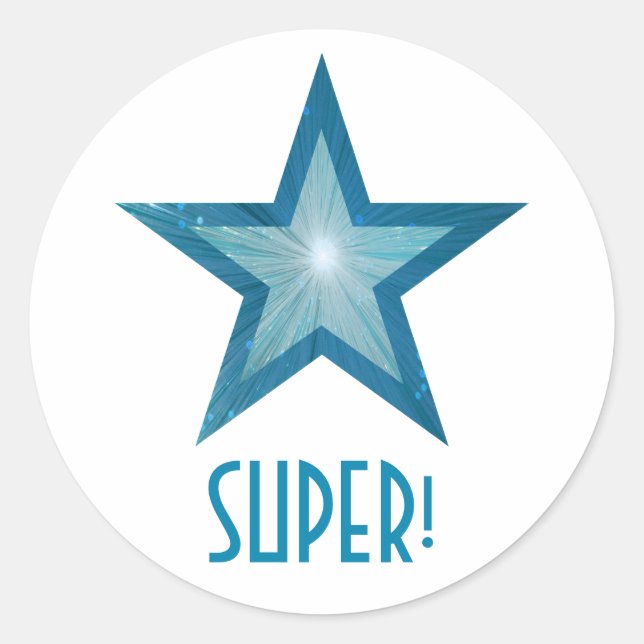 Blue Star 'SUPER!' round sticker white (Front)