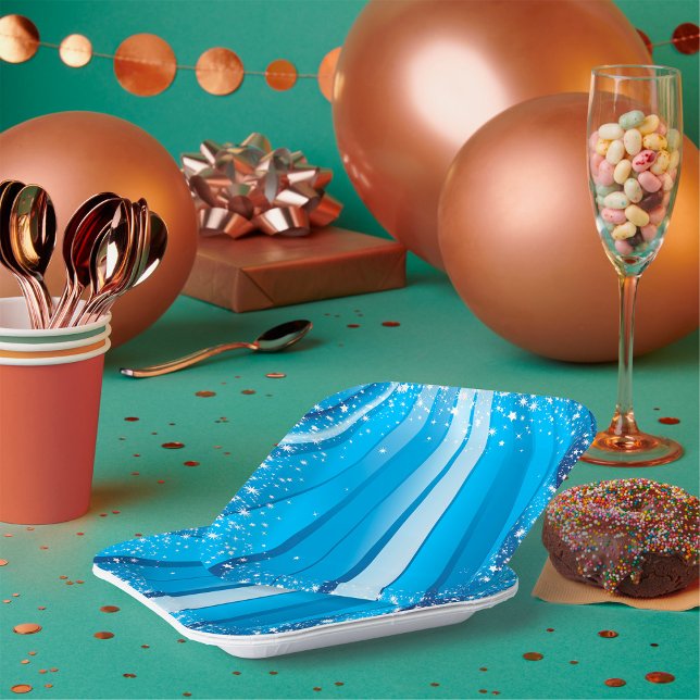 Blue Starburst Sparkle with Shining Light Rays Paper Plate (Creator Uploaded)