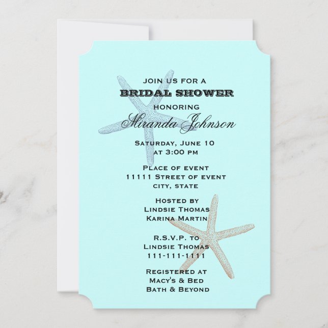 Blue Starfish Beach Bridal Shower Invitation (Front)