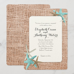 Blue Starfish Beach Burlap Wedding Invitations