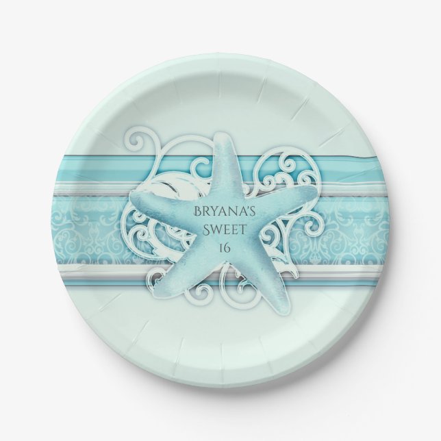 Blue Starfish Beach Elegant Wedding Party Paper Plate (Front)