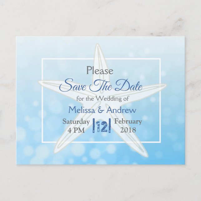 Blue Starfish Beach Themed Wedding Save the Date Announcement Postcard (Front)