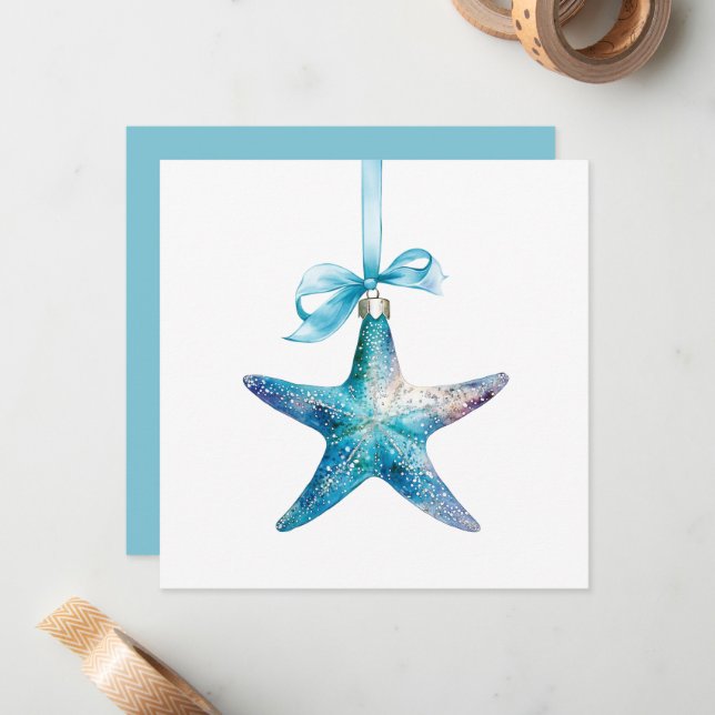 Blue Starfish Christmas Ornament Personalised Card (Front/Back In Situ)