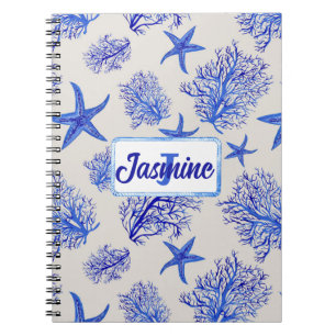 Blue starfish-coral-custom monogram-name   notebook