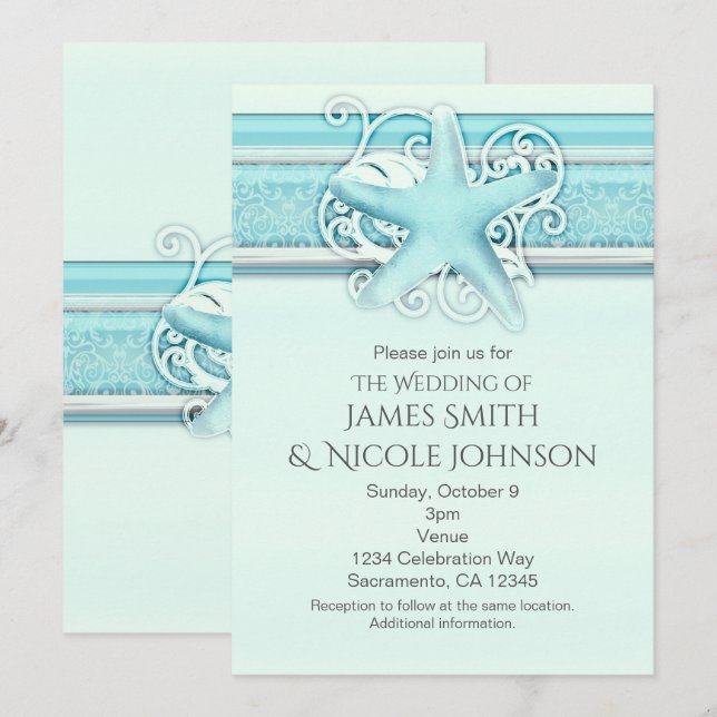 Blue Starfish Elegant Beach Themed Invitations (Front/Back)