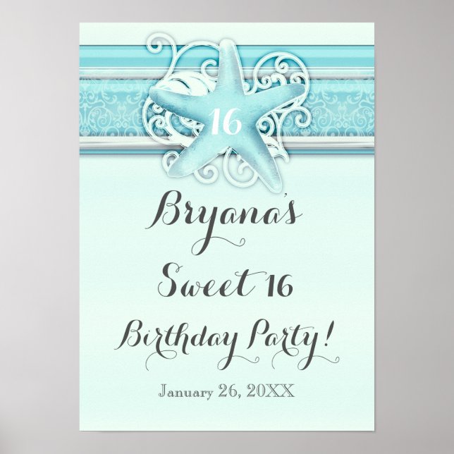 Blue Starfish Elegant Beach Wedding Party Banner Poster (Front)