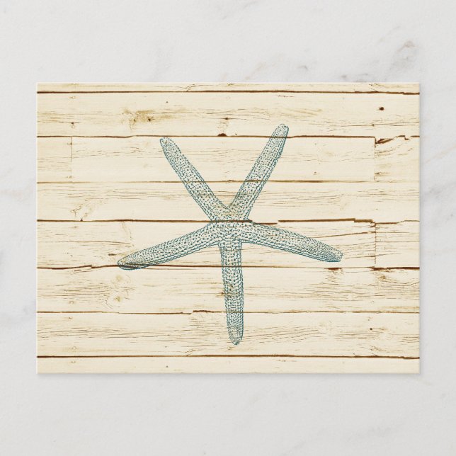 Blue Starfish Faux Cream Wood Beach Postcard (Front)