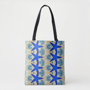 blue starfish geometric pattern tote bag