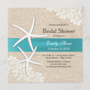 Blue Starfish Lace & Burlap Bridal Shower Invitation