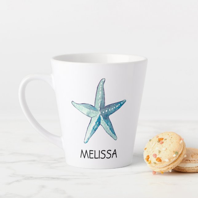 Blue Starfish Nautical Beach Seashell Theme Latte Mug (In Situ)