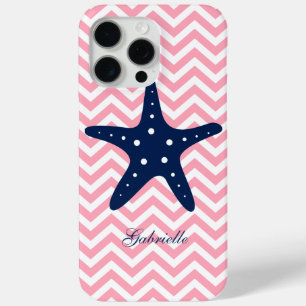 Blue Starfish on Pink Chevrons Pattern iPhone 15 Pro Max Case