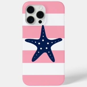 Blue Starfish on Pink Stripes iPhone 15 Pro Max Case