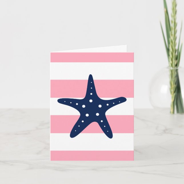 Blue Starfish on Pink Stripes Thank You Card (Front)