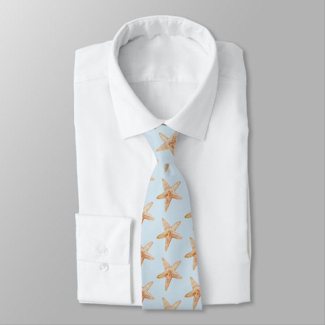 Blue Starfish Painting Coastal Beach Pattern Tie (Tied)