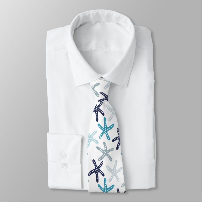Blue Starfish Pattern Tie (Tied)