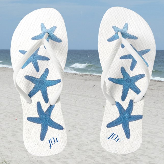 Blue Starfish Personalise with Initials Flip Flops (Creator Uploaded)