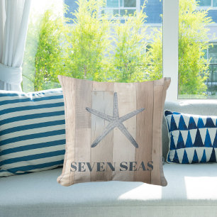 Blue starfish rustic beige driftwood text coastal cushion