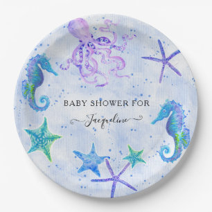 Blue Starfish Seahorse Octopus Beach Baby Shower Paper Plate