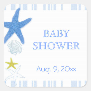 Blue Starfish + Stripes Beach Baby Shower Square Sticker