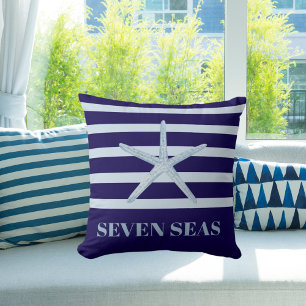 Blue starfish stripes text coastal cushion