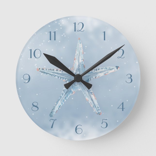 Blue Starfish With Stars Round Clock (Front)