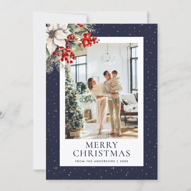 Blue Starry Botanical Photo Merry Christmas Holiday Card (Front)
