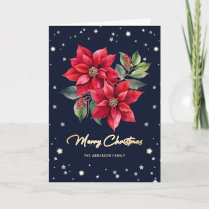 Blue Starry Floral Photo Merry Christmas Card