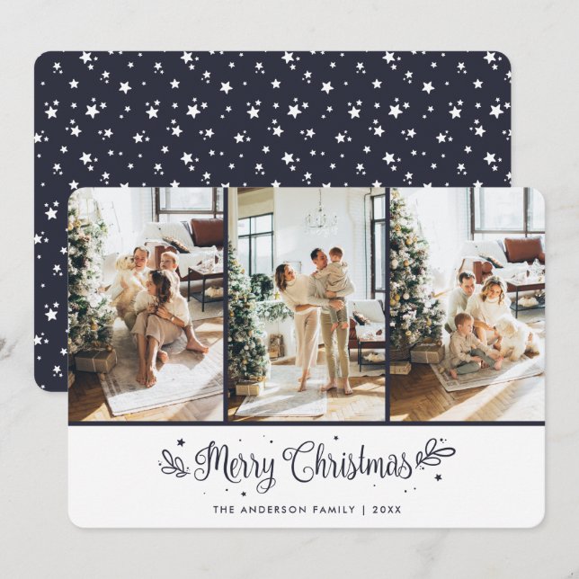 Blue Starry Night 3 Photo Merry Christmas Card (Front/Back)