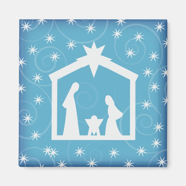 Blue Starry Night Christmas Nativity Magnet (Front)
