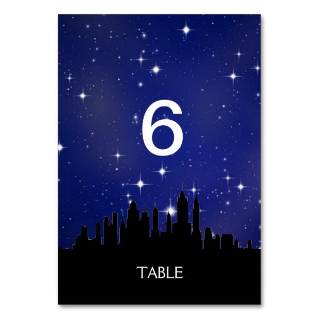 Blue Starry Night City Skyline Menu+Table Card (Front)